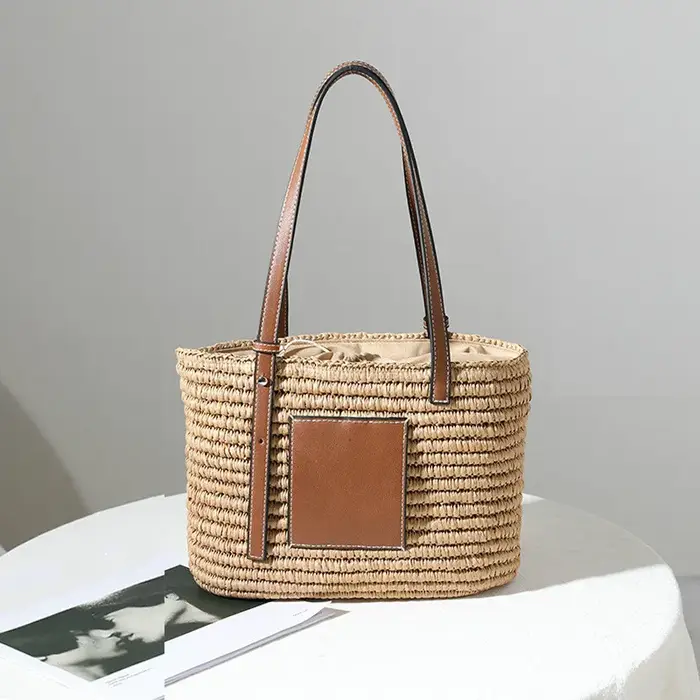Sac à main en paille tissé pour femmes, sac à bandoulière d'été plage, grand portefeuille décontract