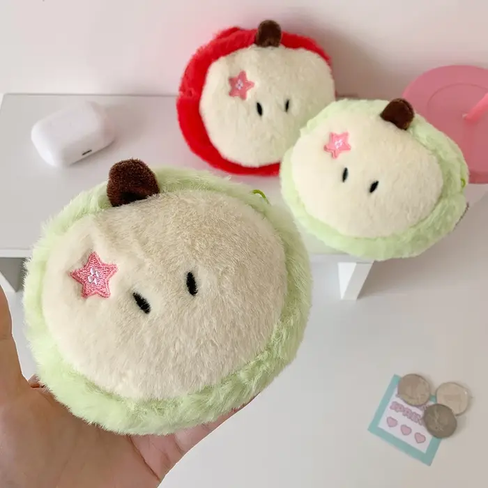 Porte-monnaie en peluche pomme mignon, Mini pochette Kawaii pour filles, porte-clés, portefeuille pour étudiant, organisateur de câbles d'écouteurs, poche douce et floue, cadeau