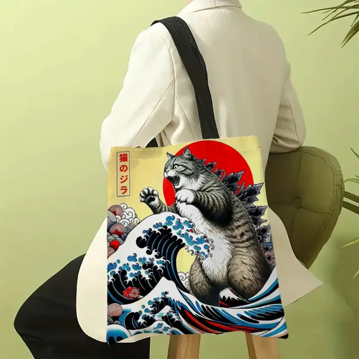 Catzilla sac fourre-tout d'art japonais sac de plage de Shopping à bandoulière réutilisable pour les femmes