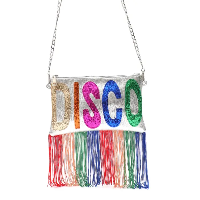 Pochette de luxe en cuir PU métallique pour femmes, pochette à paillettes, lettres colorées, franges