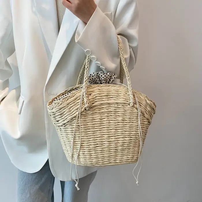 Sac de plage en paille d'été pour femmes, fourre-tout tissé à la main, en rotin, style bohème décont
