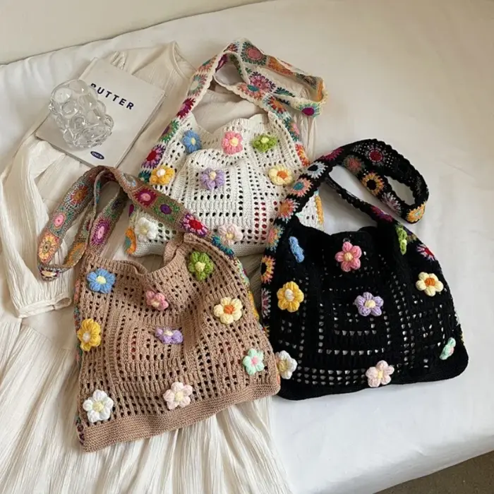 Sacs à main tricotés grande capacité été plage tissé sac à bandoulière filles fourre-tout Shopper sac femmes Boho Crochet sac fleurs de créateur