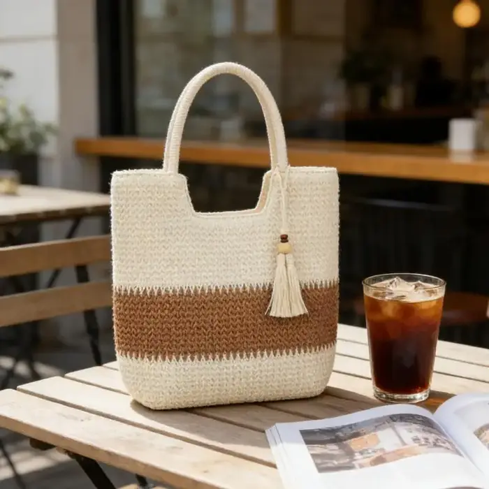 Sac fourre-tout en paille tressée fait main avec pompon décoratif