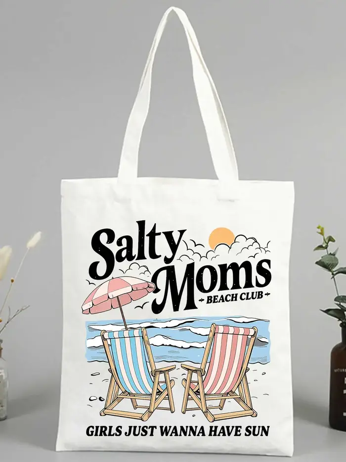 Sac fourre-tout en toile pour mamans avec motif scène de plage et slogan imprimé, style rétro pour l