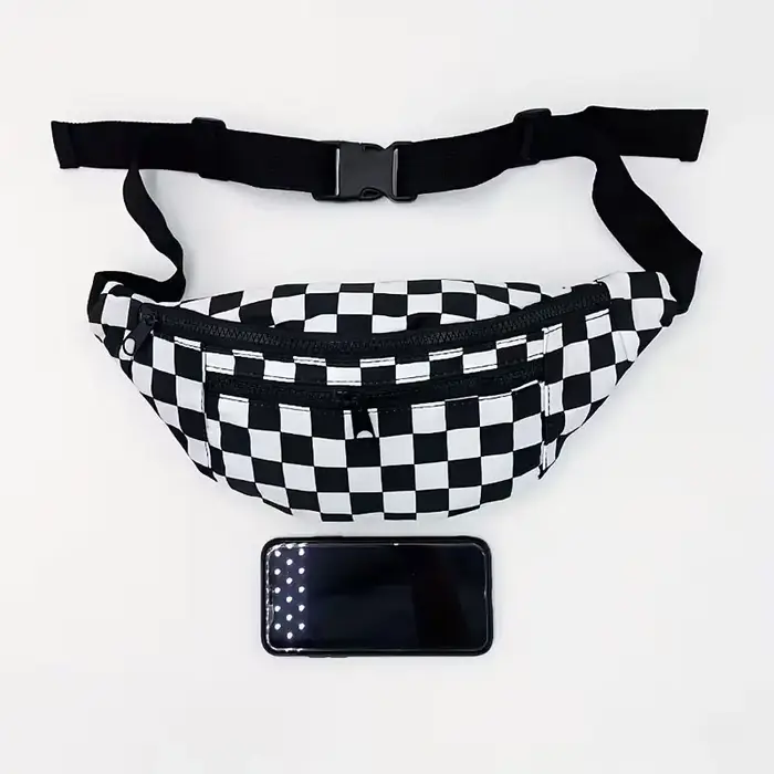 Sac de taille à carreaux noir et blanc pour femme avec poche poitrine à double fermeture éclair