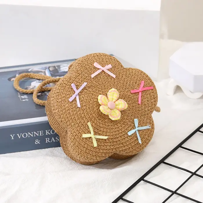 Sacs à bandoulière en paille mignons avec nœud, mini porte-monnaie fait main, sac messager à fleurs 