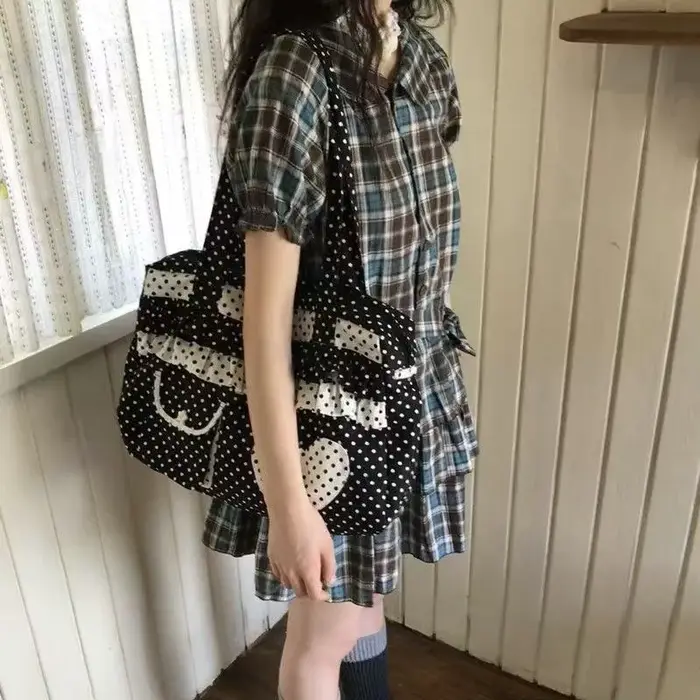 Sac fourre-tout en toile à pois rétro avec imprimé cœur