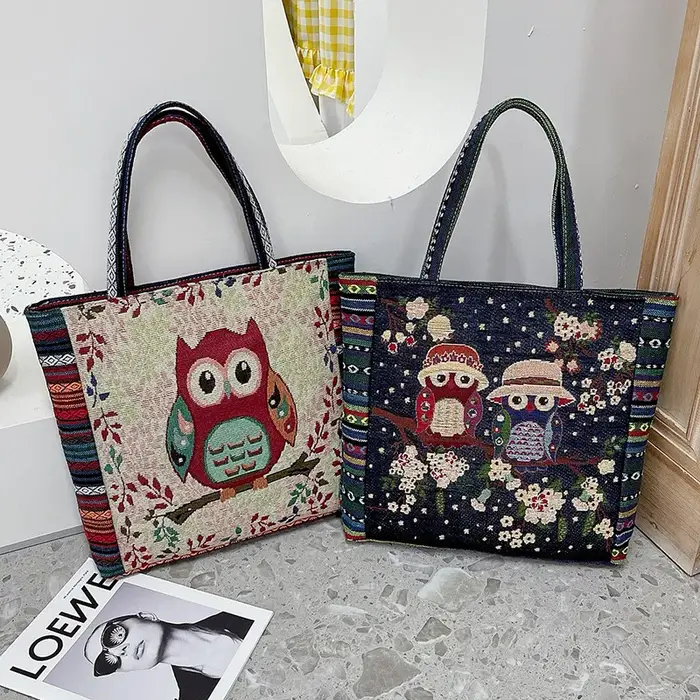 Nouveau sac à main hibou mode femme tissu brodé personnalisé Shopping grande capacité une épaule sac