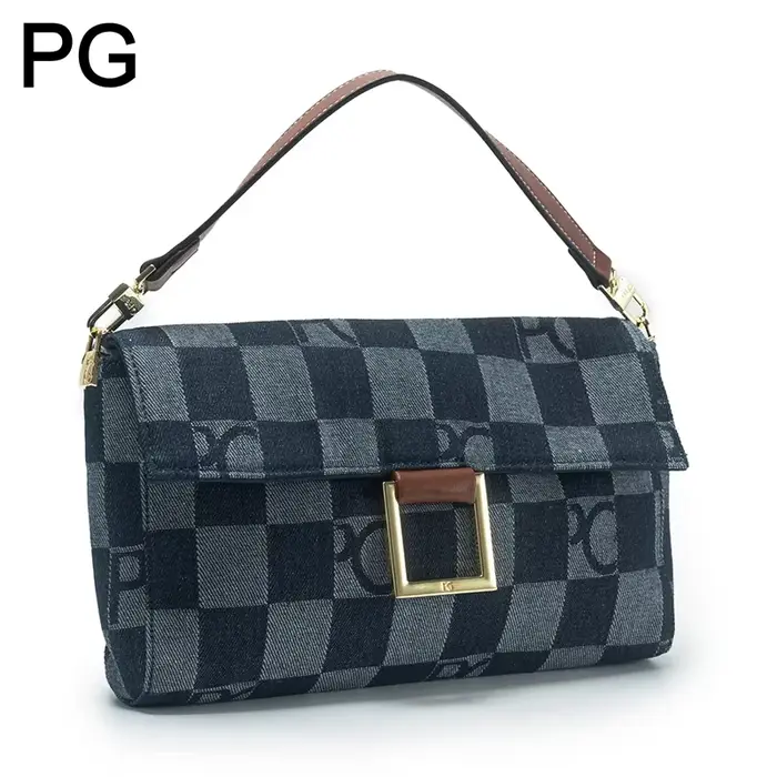 Sac à bandoulière en jean à motif damier PG Luxury pour femme, avec boucle carrée dorée, rabat et po