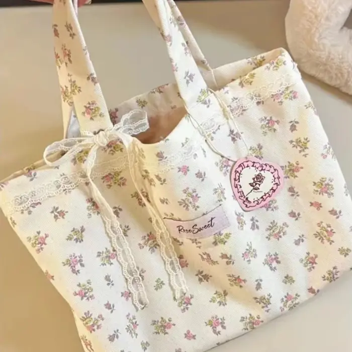 Sac fourre-tout imprimé de grande capacité avec nœud en dentelle, sacs à main de rangement, sac à ma