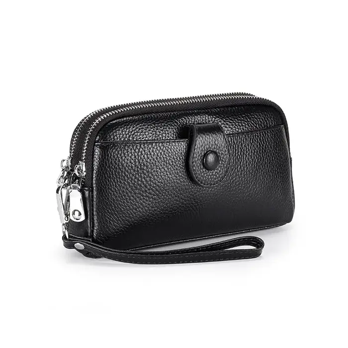 Pochette en cuir véritable pour femme, portefeuille long, sac à main à fermeture éclair, porte-monna