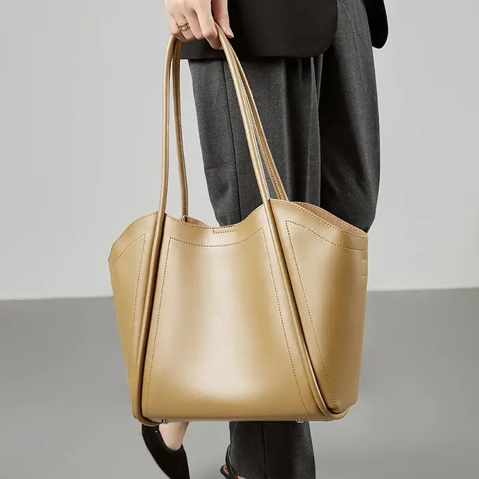 Sac fourre-tout en cuir véritable pour femmes, couleur unie, grande capacité, sac à bandoulière pour