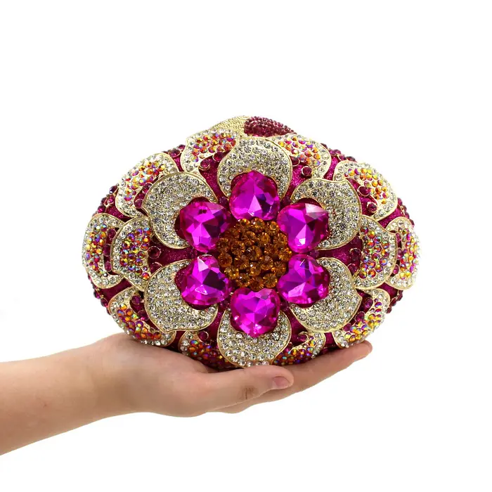 Boutique Fuchsia rose femmes cristal pochette sac à main fleur strass soirée Minaudiere sac mariée fête sac