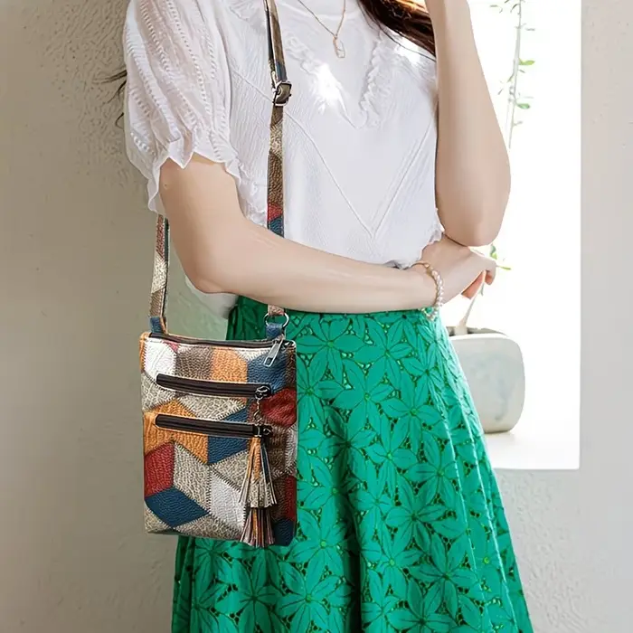 Sac bandoulière vintage en cuir véritable patchwork pour femme