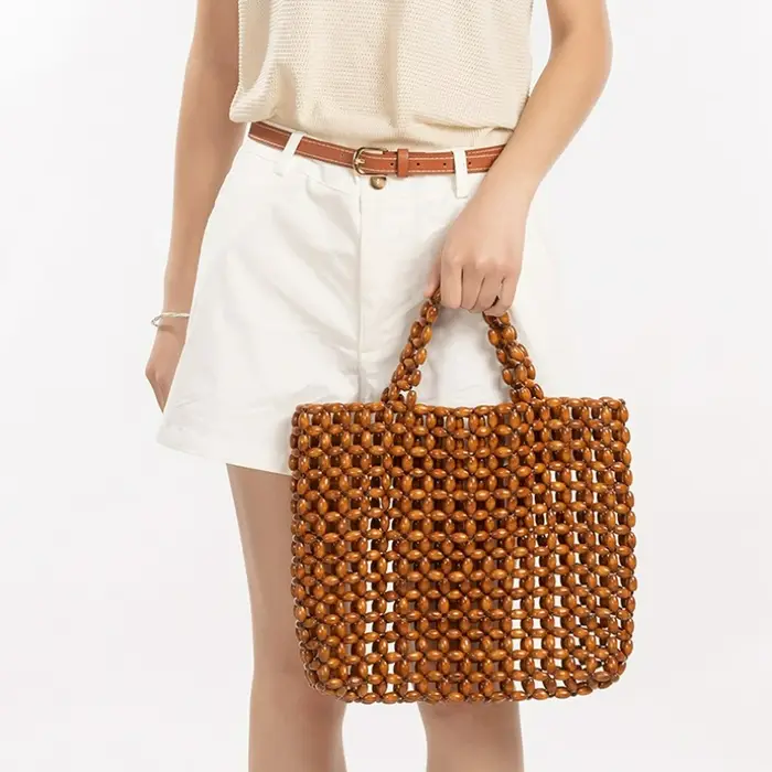 Sac à main rétro en perles de bois tissées à la main