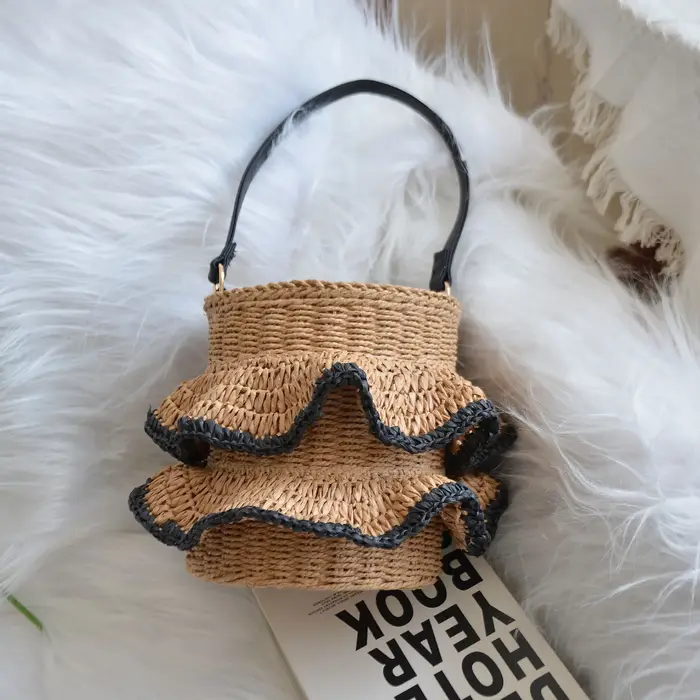 Sac seau froncé d'été, sacs à bandoulière tissés bohème pour femmes, sac de plage de voyage, sacs à 
