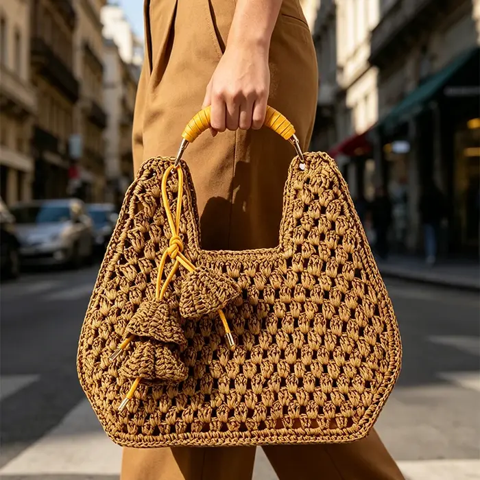 Sac à main en paille de raphia tissé à la main avec pendentif