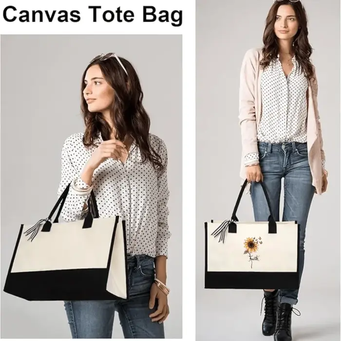Sac à main en toile de tournesols crème et noirs au design papillon et foi pour un usage quotidien