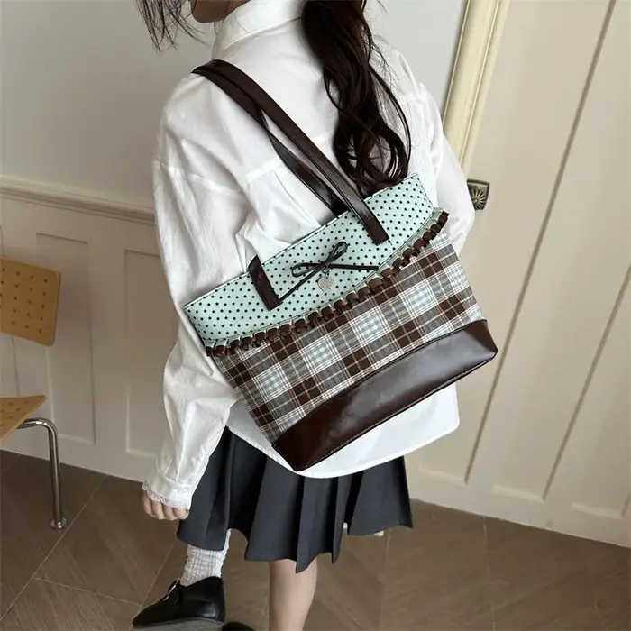 Sac fourre-tout vintage à pois et à carreaux grande capacité pour écolière