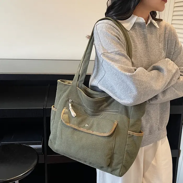 Sac fourre-tout en velours côtelé grande capacité pour femme