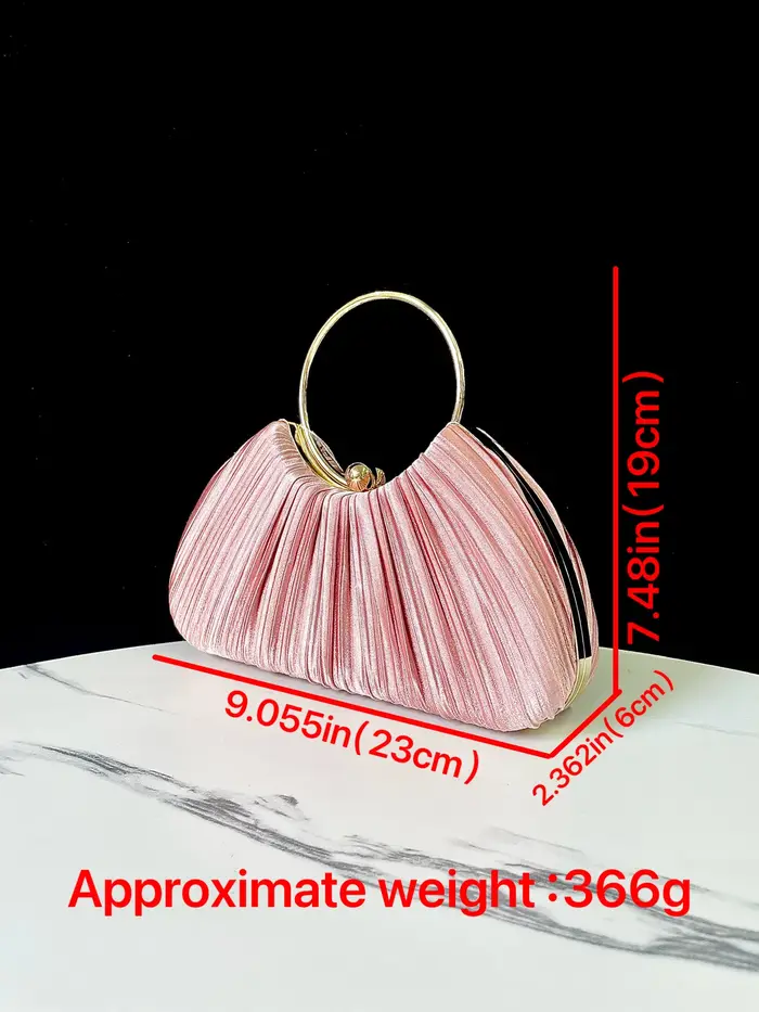 Pochette de soirée plissée en satin rose poudré avec grande poignée en anneau doré