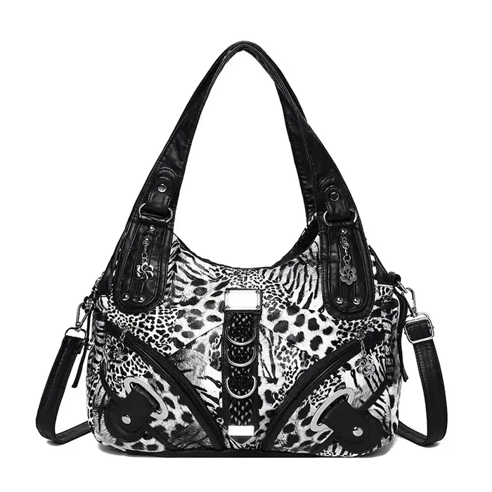 Sac à bandoulière en cuir lavé pour femme, sac à main décontracté et tendance avec rivets, imprimé l
