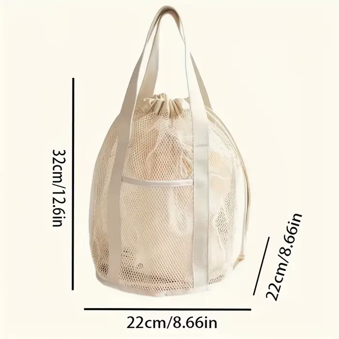 Sac de toilette de voyage pliable beige ultra-léger avec design ajouré en maille et poche à cordon pour sac à main de plage