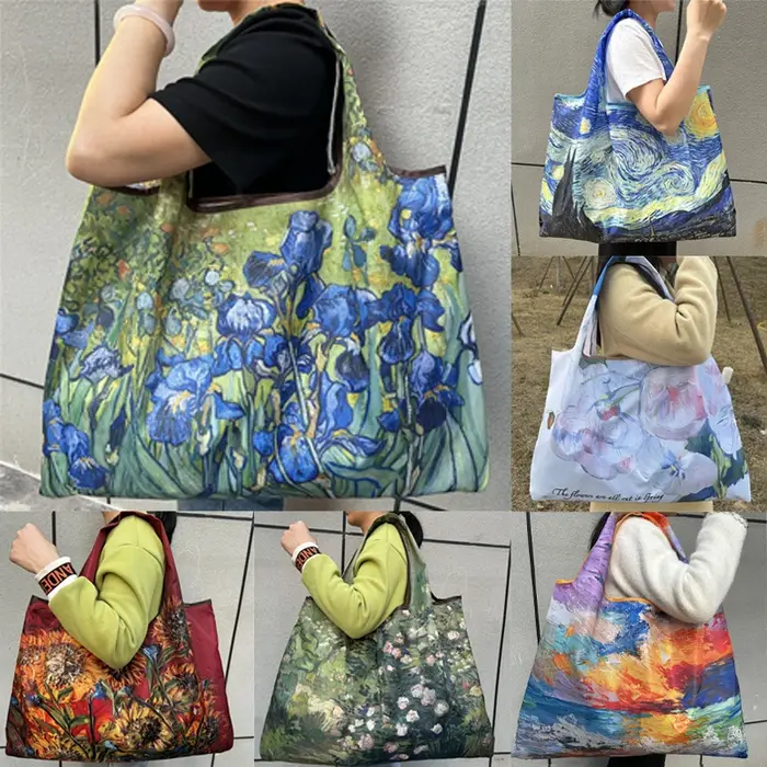 Sac de courses pliable avec peinture à l'huile de fleurs