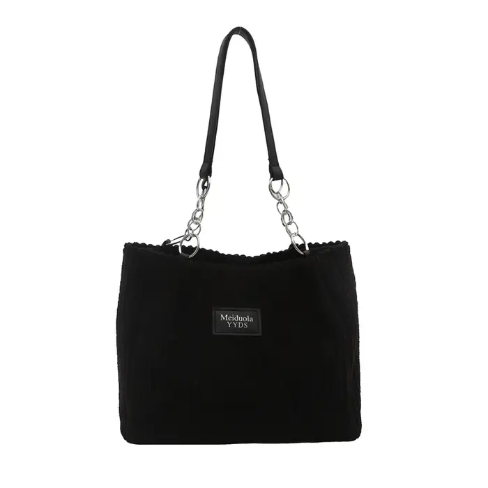 Sac fourre-tout chic en velours côtelé, sac à main avec chaîne tendance spacieuse et accents en cuir