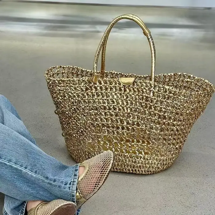 Sac fourre-tout de luxe en maille métallique dorée pour femme, grand sac à bandoulière brillant en m