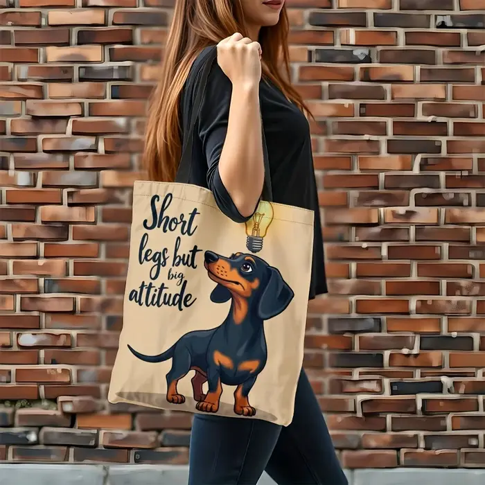 Sac fourre-tout amusant en polyester durable à grande capacité avec motif de dessin animé Teckel « Jambes courtes