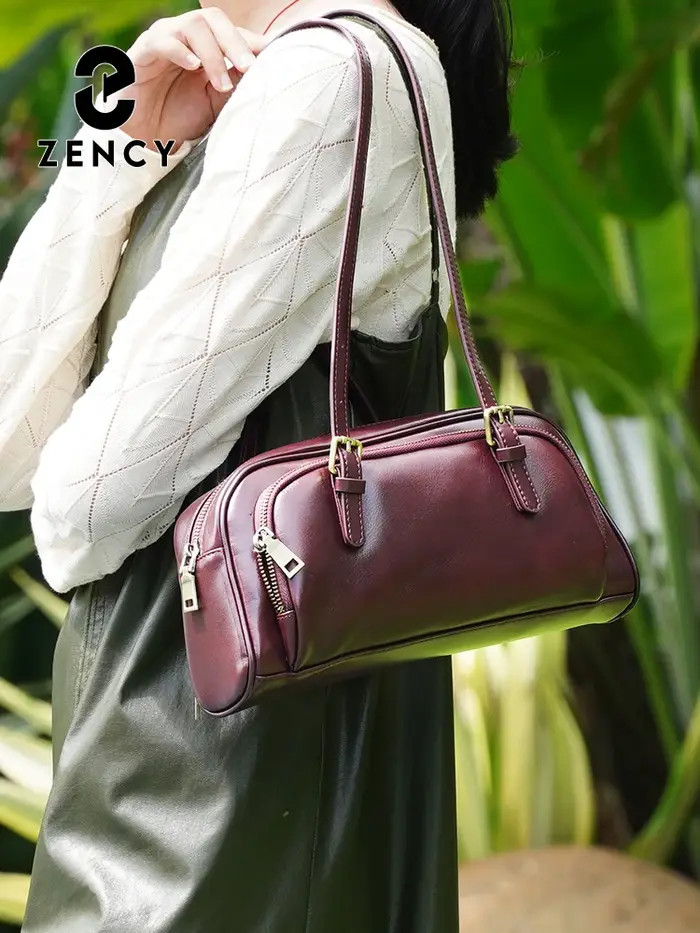 Sac à main de luxe Zency en cuir véritable de couleur bordeaux pour femmes, style français, sac sous