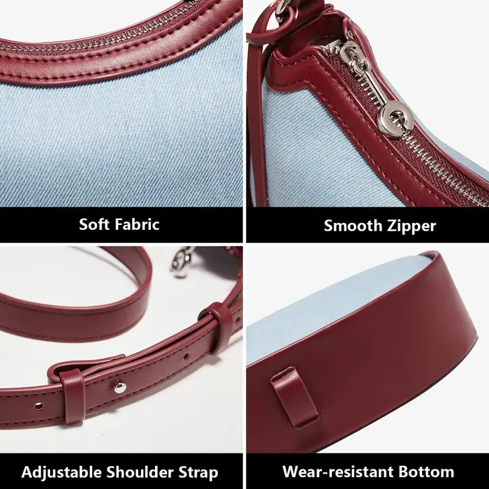 FOXER femmes Denim + cuir sac à bandoulière demi-lune sac à bandoulière mode dame petit Simple bleu
