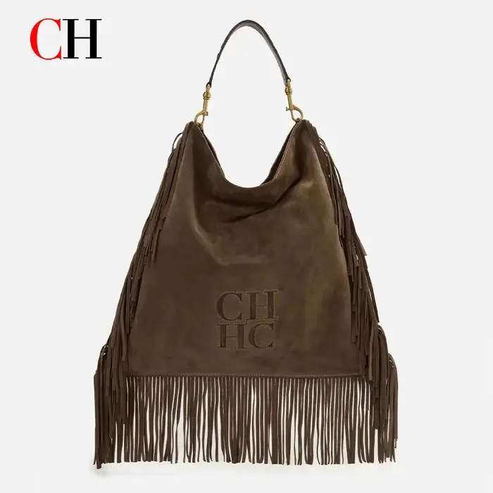 Sac Hobo à Franges CH en Cuir Véritable et Daim Marron Grande Capacité