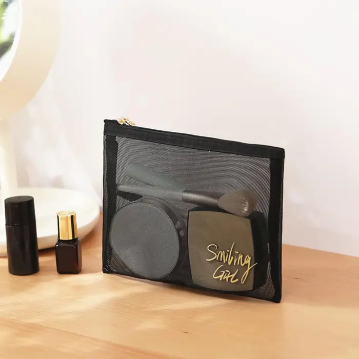 Sac à maquillage en maille - Sac à maquillage en nylon respirant et inodore pour les voyages et l'or