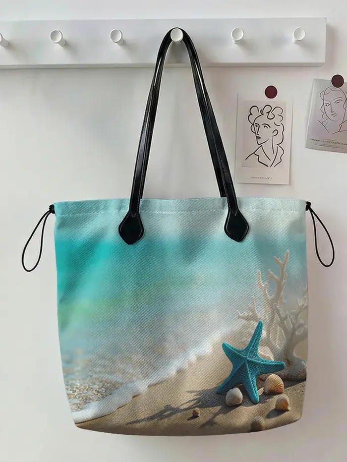 Sac fourre-tout en toile à imprimé étoile de mer, coquillage et corail, grande capacité, sac à bando