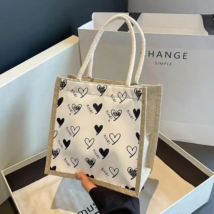 Sac fourre-tout en lin à fermeture éclair, motif floral, grande capacité, motif cœur, sac cadeau, sa