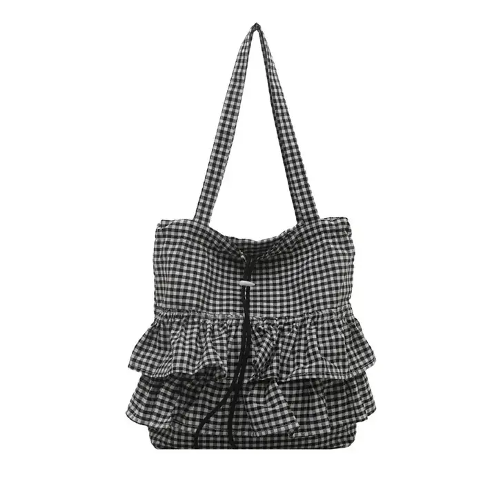 Grande capacité mignon Plaid coton sac fourre-tout dentelle garniture femmes été 2025 Simple dame sa