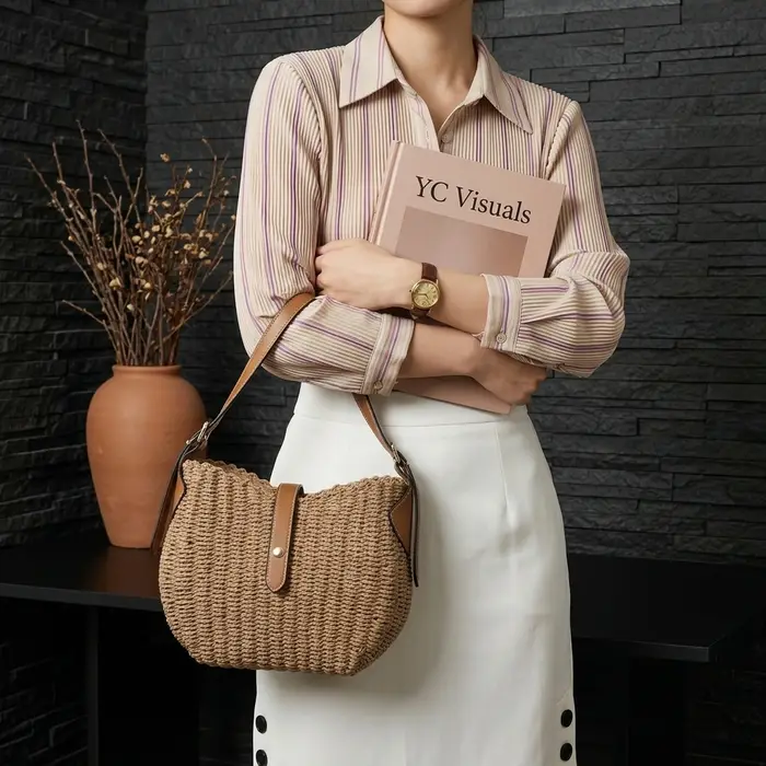 Sac à bandoulière tressé en paille pour femme