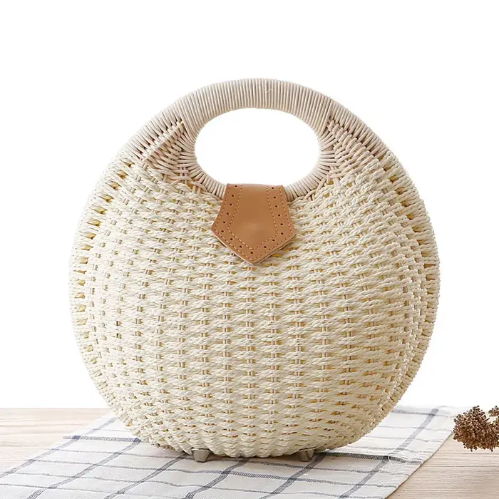 Sac à main rond tissé à la main en rotin naturel pour femmes