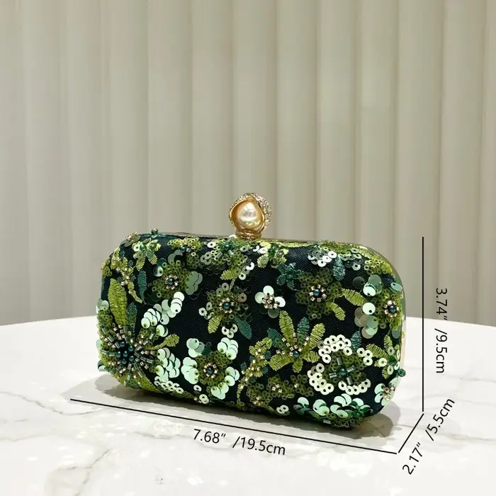Pochette vert olive pour femme, élégante, brodée de paillettes et de perles, sac de soirée, sac de fête, sac à main vintage à paillettes