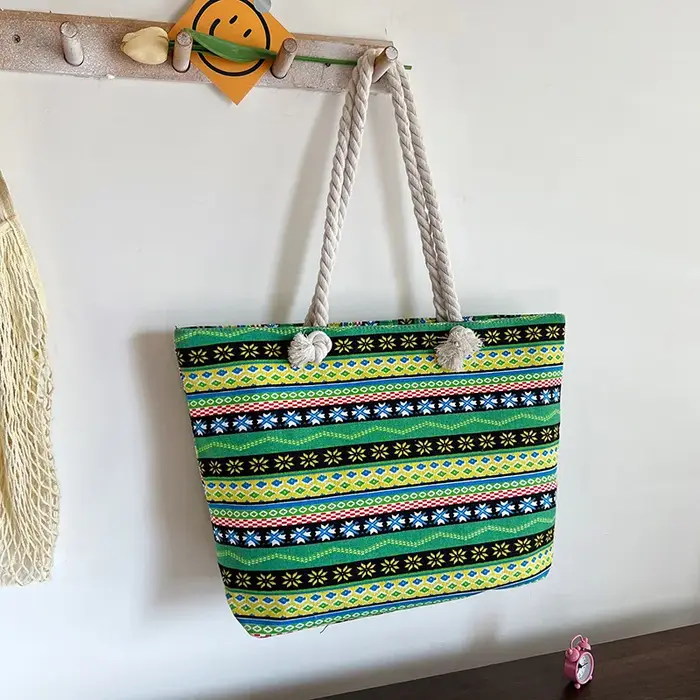 Sac à Main en Toile à Motifs Imprimés pour Femme, Fourre-Tout de Plage Décontracté, Poche Extérieure