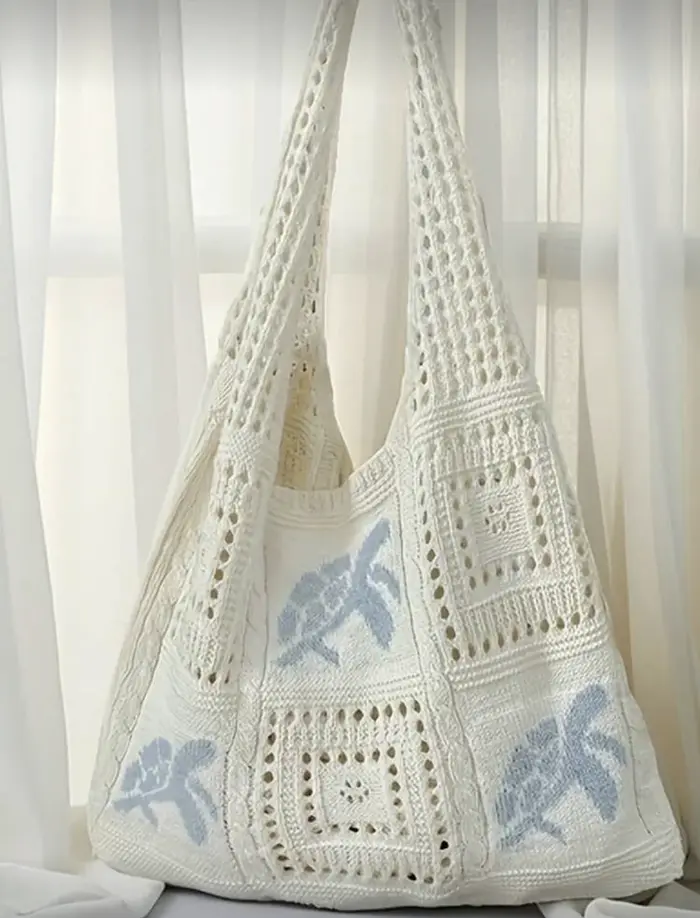 Sac fourre-tout d'été pour femme – Design crocheté avec motif tortue, sac fourre-tout ouvert de gran