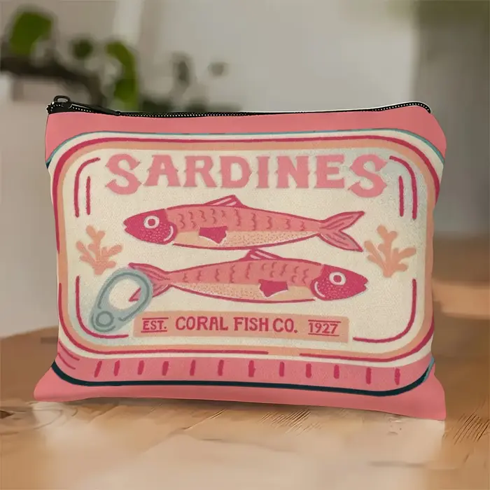 Pochette à fermeture éclair imprimée rose pour sardines fantaisistes
