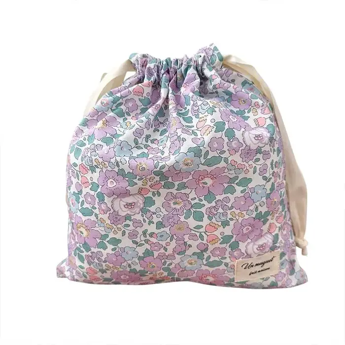 Pochette de rangement vintage en coton floral avec cordon de serrage, design fait main pour sacs cad