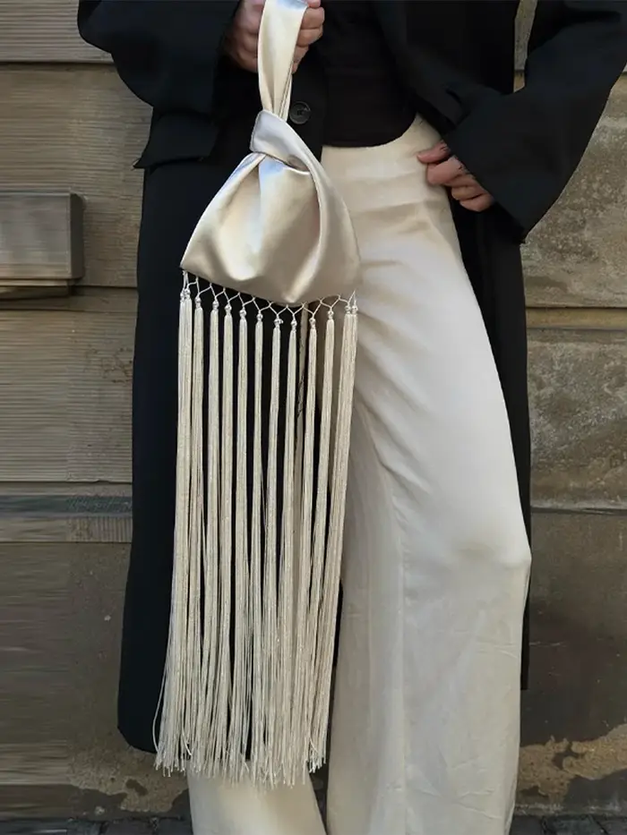Mini sac à main en satin à franges pour femme