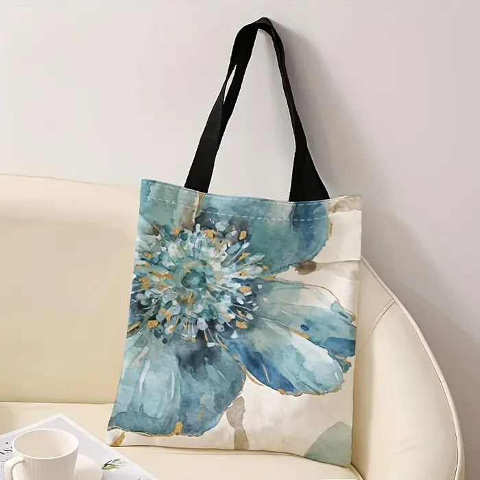 Sac fourre-tout à imprimé floral pour femme – Sac à bandoulière multifonctionnel réutilisable de grande capacité avec motif aquarelle bleue et dorée