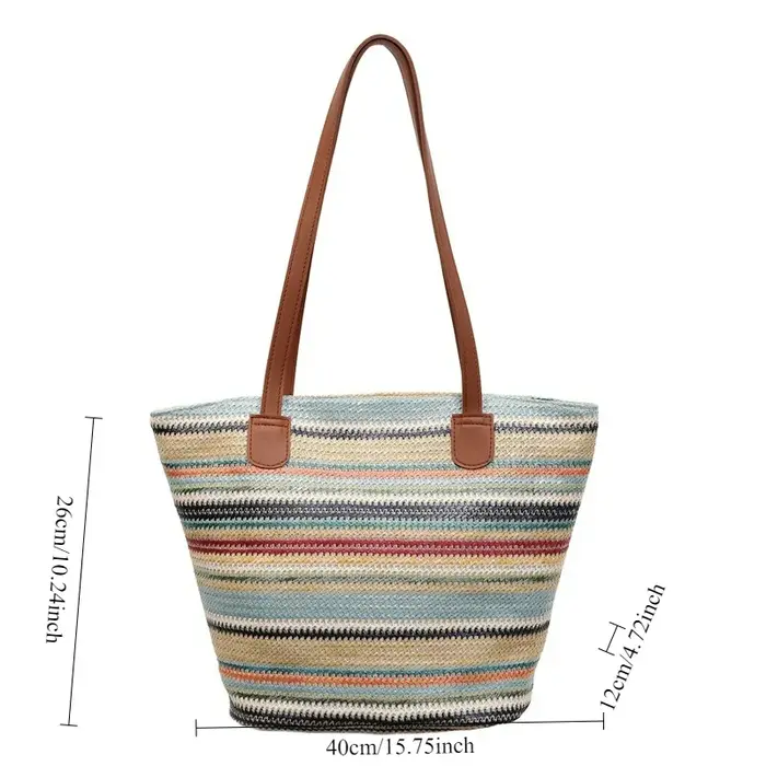 Nouveau sac fourre-tout en paille tressée arc-en-ciel grande capacité pour femme