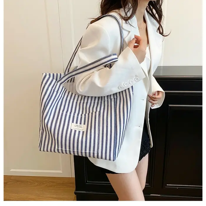Sac fourre-tout en toile à rayures verticales, grande capacité, écologique, en coton, minimaliste, sac à bandoulière décontracté, pochette quotidienne en tissu