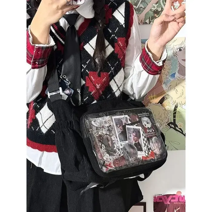 Nouveau Kawaii Itabag hiver doux velours côtelé sacs à bandoulière Transparent sac clair Collage étudiant sac